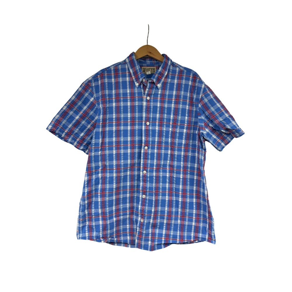 Duluth Trading Co Mens Large Blue Plaid Cotton Seersucker Short Sleeve Shirt